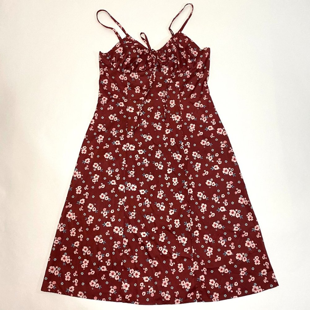 Cbr Burgundy Floral Print Back Zip Side Split Sleeveless Dress Women Size L